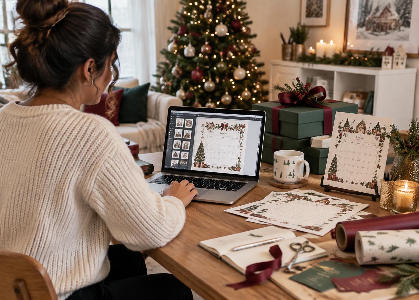 Emprendedora creando calendarios navideños desde casa
